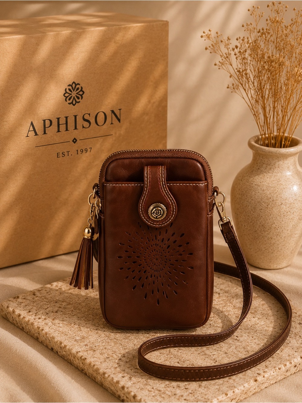 Classic Brown Leather Mini Cellphone Crossbody Bag